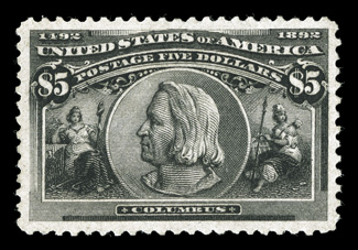 245, $5.00 Columbian, a wonderfully choice mint example of this popular high value commemorative, being extraordinarily well centered within much larger margins than typically
seen, strong color and deeply etched impression, o.g., lightly hinged