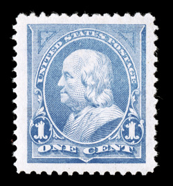 246, 1c Ultramarine, striking mint single, featuring enormously large margins all around and being precisely centered within them, wonderfully bright color on pristine white
paper, o.g., relatively lightly hinged, extremely fine gem 2009 PSE ce