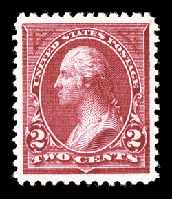 249, 2c Carmine lake, Ty. I, a visually striking mint example of this elusive Bureau issue stamp, possessing incredibly radiant color in a particularly deep shade, prooflike
impression on crisp paper, marvelously well centered within lavishly la