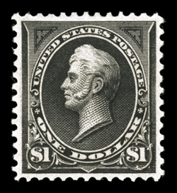 261, $1.00 Black, Ty. I, select quality mint single, being especially well centered and margined, deep color and impression on fresh white paper, o.g., lightly hinged,
extremely fine 2007 PSE certificate (XF 90 OGph SMQ $1,800.00).