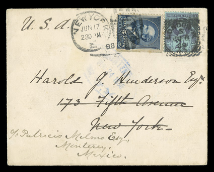 216, 5c Indigo, natural s.e. at right, used as forwarding postage and tied by New YorkJun 17, 1888 duplex to cover originating in London franked by 1887 2½d Violet on blue (114)
tied by London squared circle, forwarded to Monterey, Mexico, w