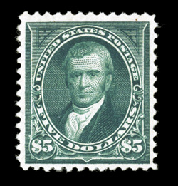 263, $5.00 Dark green, deeply rich color and a well incised impression, nicely centered and margined, o.g., lightly hinged, tiny natural inclusion speck at top not mentioned on
either certificate, very fine clear 1993 PF and 2005 PSE certificat