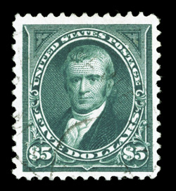 263, $5.00 Dark green, an eye-catching used single that possesses stunning deep color and a truly prooflike impression, uncharacteristically well centered within large margins
for this always difficult high value, unusually light cancel as well