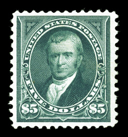 278, $5.00 Dark green, impressive mint example of this scarce high value, exceedingly well centered within large margins, strong rich color and an excellent clarity of
impression, o.g., lightly hinged, extremely fine 1998 PF certificate.