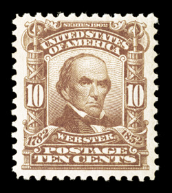 307, 10c Pale red brown, very well centered within large margins, fresh color, clean o.g., n.h., extremely fine 1989 PF certificate and a 2005 PSE certificate (XF 90 SMQ
$385.00).