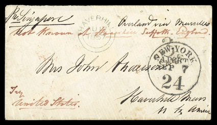 1857 Cover from Straits Settlements endorsed Pr. Singapore and with Singapore backstamp, addressed to Haverhill, Mass. and missent to Haverhill, England with postmasters
endorsement Not known at Haverhill, Suffolk - EnglandTry United States