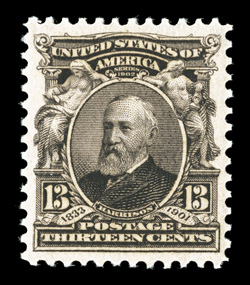 308, 13c Purple black, excellent centering, strong color and a highly detailed impression, pristine o.g., n.h., extremely fine 2004 PF certificate.