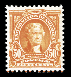 310, 50c Orange, wonderfully well centered within large margins, bright color, o.g., lightly hinged, extremely fine 2004 PSE certificate for a pair, this being the right
stamp.