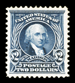 312, $2.00 Dark blue, especially well centered within large margins, deeply rich color and a well incised impression on fresh paper, o.g., lightly hinged, extremely fine 2005
PSE certificate.