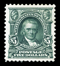 313, $5.00 Dark green, a premium quality mint example of this scarce high value, exceedingly well centered amid uncommonly large margins, brilliantly rich color, o.g.,
relatively lightly hinged, extremely fine 2006 PF certificate.