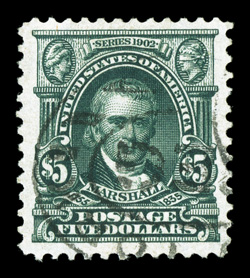 313, $5.00 Dark green, an impressive used example of this high value, exceedingly well centered within very large margins, lovely rich color and a highly detailed impression on
fresh paper, light oval registry cancel, extremely fine 1997 PF cer