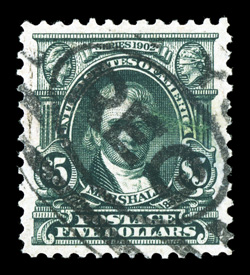 313, $5.00 Dark green, a premium used example of this high value, beautifully centered amid extravagantly large margins, deep rich color, bold oval registry cancel, extremely
fine 1994 PF certificate and a 2007 PF certificate (XF 90).