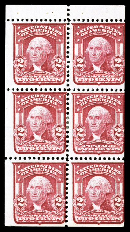 319g var., 2c Carmine, booklet pane of six, horizontal watermark, attractive color, o.g., h.r., left stamp with mild vertical gum wrinkle, a fine example of this rare booklet
pane.