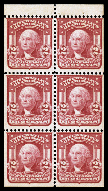 319q, 2c Lake, Ty. II booklet pane, of six, fresh and crisp, nicely centered, o.g., never hinged, very fine.