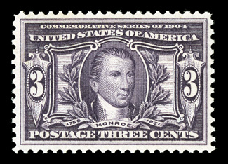 325, 3c Louisiana Purchase, choice quality mint single, exceedingly well centered and margined, strong rich color and highly detailed impression, o.g., n.h., extremely fine
2009 PSE certificate (XF-Superb 95 SMQ $1,100.00).