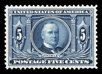 326, 5c Louisiana Purchase, an outstanding mint example, being incredibly well centered within considerably larger margins than usually found on this stamp, strong color and
impression, unblemished o.g., n.h., extremely fine gem a true conditio