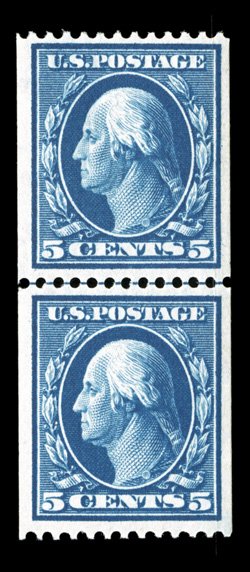 351, 5c Blue coil, perf. 12 horiz., guide line pair, uncommonly well centered and margined, rich color and a deep impression, o.g., top stamp lightly hinged, bottom stamp never
hinged, extremely fine 2004 PSE certificate (XF 90 SMQ $1,300.00).