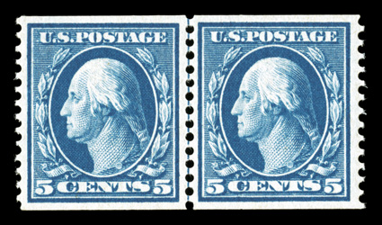 355, 5c Blue coil, perf. 12 vert., guide line pair, unusually well centered within large margins, bright color on crisp white paper, o.g., never hinged, choice very fine a
scarce line pair, especially in this premium condition 1980 PF, 2001 PS