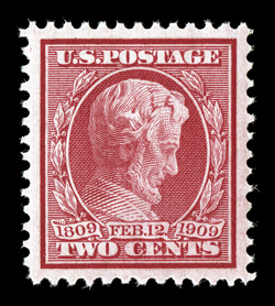 367, 2c Lincoln, an incomparable mint example of this relatively common stamp, in a condition that could not be improved upon, as it boasts mathematically precise centering
within extravagantly large margins, brilliantly rich color and a deeply