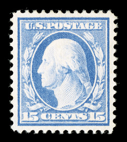 382, 15c Pale ultramarine, impeccably well centered within larger margins than usually encountered, rich bright color and a well incised impression on pristine white paper,
o.g., lightly hinged, extremely fine 2008 PSE certificate (Superb 98 S