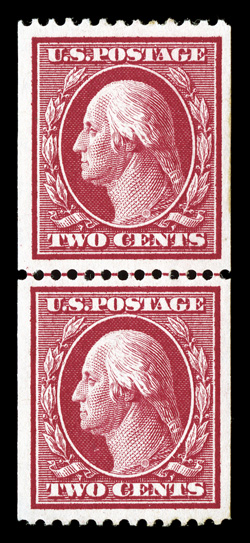 386, 2c Carmine coil, perf. 12 horiz., a highly desirable guide line pair of this scarce coil, uncharacteristically well centered within wide margins, strong vibrant color,
o.g., lightly hinged, extremely fine 2005 PSE certificate.