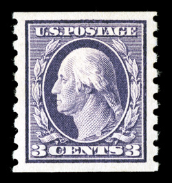 394, 3c Deep violet coil, perf. 8½ vert., superb mint single that possesses large and perfectly balanced margins all around, rich color and a deep impression, o.g., lightly
hinged, extremely fine 2001 PF certificate and a 2009 PSE certificate (