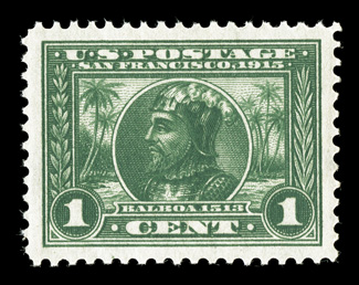 397, 1c Panama-Pacific, a visually striking mint single, being perfectly centered within remarkably large margins all around, plus its color is especially rich and bright,
while the impression is quite detailed, unblemished o.g., n.h., a superb