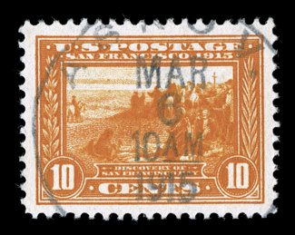 400A, 10c Panama-Pacific, orange, gorgeous used single, impeccably well centered within very large margins, dazzling intense color and impression, neatly struck c.d.s. cancel,
extremely fine and uncommonly choice 2009 PSE certificate (XF-Superb