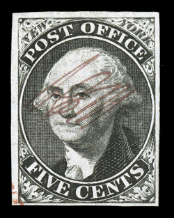 9X1, New York, N.Y., 5c Black Postmaster Provisional, signed ACM connected, select used single, ample to large margins all around, strong color and a razor sharp impression on
crisp white paper, cancelled only be a tiny bit of red c.d.s. in the