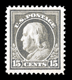 418, 15c Gray, well centered within lavishly large margins, strong color, o.g., n.h., an extremely fine jumbo 2005 PSE certificate (XF 90 Jumbo SMQ $410.00 for 90 and $1,050.00
for 95).