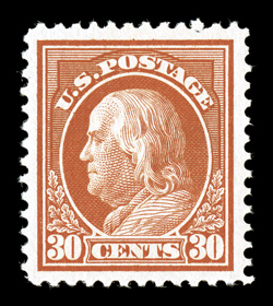 420, 30c Orange red, exceedingly well centered and margined, strong color, o.g., n.h., since the issuance of the certificate a perforation at top has become damaged, extremely
fine appearance clear 2007 PSE certificate (XF 90 SMQ $530.00).