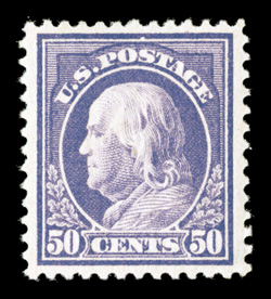 421, 50c Violet, single line watermark, excellent centering within large margins, marvelously rich color on clean white paper, o.g., relatively lightly hinged, extremely fine
1981 PF certificate and a 2006 PSE certificate (XF 90 OGh SMQ $475.0