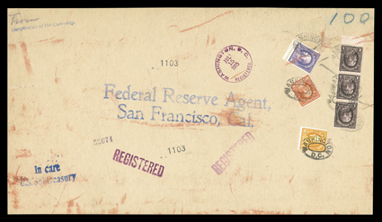 423, $1.00 Violet brown, bottom sheet-margin vertical strip of three, along with 50c Violet (422), 30c Orange red (420) and 10c Orange Yellow (416), all mostly well centered,
especially the $1.00 and 50c values, tied by Washington, D.C. oval