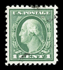 424, 1c Green, gem used single that is incredibly well centered within large margins, wonderfully bright and fresh, light face-free cancel, extremely fine gem 2009 PSE
certificate (Superb 98 SMQ $225.00).