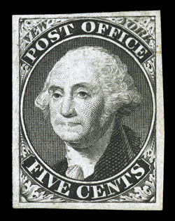 9X1e, New York, N.Y. 5c Black Postmaster Provisional, without signature, handsome used example of this scarce stamp, four large margins, strong color and a highly detailed
impression, faint trace of a red cancel, extremely fine 1997 and 2008 PF