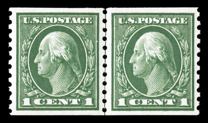 443, 1c Green flat plate coil, perf. 10 vert., attractive guide line pair, uncommonly well centered and margined, rich color, pristine o.g., n.h., extremely fine 1986 PF
certificate and a 2005 PSE certificate (XF 90 SMQ $540.00).