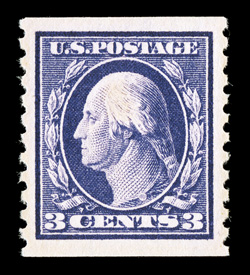 445, 3c Violet flat plate coil, perf. 10 vert., an incredibly choice mint single of this coil stamp, precisely centered amid especially large margins, deep intense color and
impression, pristine o.g., never hinged, superb 2009 PSE certificate (