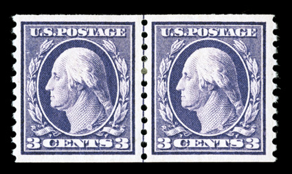 445, 3c Violet flat plate coil, perf. 10 vert., guide line pair, well centered within large margins, rich color and a strong impression, o.g., trivial h.r., extremely fine 2007
PF certificate (VF-XF 85).