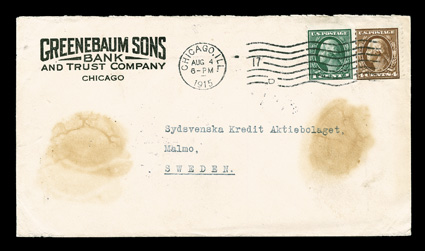 446, 4c Brown flat plate coil, perf. 10 vert., single plus 1c Green coil single (441), both tied to Greenebaum Sons Bank and Trust Company corner card cover, August 4, 1915
earliest documented usage, stamps tied by Chicago, Ill. machine can
