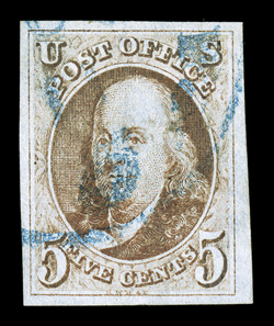 1, 5c Red brown, select used example, featuring four very large and well balanced margins, deep color and crisp impression, complemented by a neat portion of a blue town cancel,
extremely fine and quite choice 2002 PF certificate.
