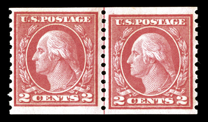 454, 2c Red rotary coil, Ty. II, perf. 10 vert., joint line pair, bright and fresh, nicely centered, o.g., n.h., very fine 2005 PSE certificate (VF 80 SMQ
$740.00).