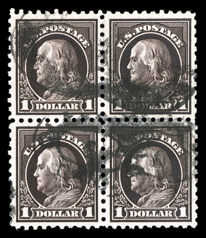 460, $1.00 Violet black, a highly desirable used block of four, incredibly well centered and margined throughout, deep color, extremely fine used blocks of this high value are
almost never found both this well centered and fault-free 2009 PF c