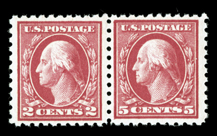 467, 5c Carmine error, se-tenant pair with the normal 2c, bright color, o.g., error stamp never hinged (2c stamp lightly hinged), very fine.