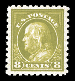 470, 8c Olive green, particularly well centered within large balanced margins, intensely rich color, o.g., n.h., extremely fine and choice 2006 PSE
certificate.