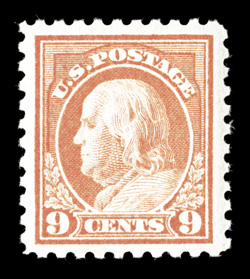 471, 9c Salmon red, exceedingly well centered within considerably larger margins than usually found on this value, warm color, o.g., n.h., extremely fine 1993 PF certificate
and a 2007 PSE certificate (XF 90 SMQ $335.00).