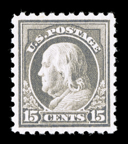 475, 15c Gray, perfectly balanced margins all around, exceptionally fresh, o.g., lightly hinged, extremely fine gem 2009 PSE certificate (Superb 98 OGph SMQ
$960.00).