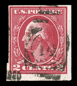 482A, 2c Deep rose imperforate, Ty. Ia, with the Schermack perforations largely trimmed away, though a portion is clearly discernible at left, strong bright color, duplex
cancel, thinned area at right, fine appearance overall a highly collectab