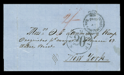 Crowned circle Paid at San Juan Porto Rico, well struck handstamp on fresh blue 1859 folded letter to New York rated 2- in red pencil, San Juan Porto RicoFe 13, 1859 British
offices backstamp and St. ThomasFe 15, 1859 transit, arrived