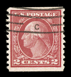 491, 2c Carmine coil, Ty. II, perf. 10 vert., very scarce and choice used single, wonderfully well centered, strong bright color, neat machine cancel, extremely fine 1999 PF
certificate.
