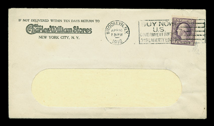 494, 3c Violet coil, Ty. II, perf. 10 vert., single tied by Brooklyn, N.Y. machine slogan cancel to The Charles Williams Stores corner card cover, April 16, 1918 earliest
documented usage being quite close to the reported February issuance d